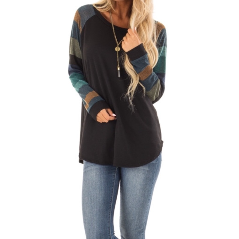 SZ S-M Black Top Long Multi Color Striped Sleeves - Picture 5 of 8